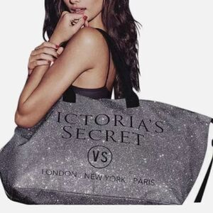 Victorias Secret Limited Edition Silver Glitter Weekender Tote Bag NWOT